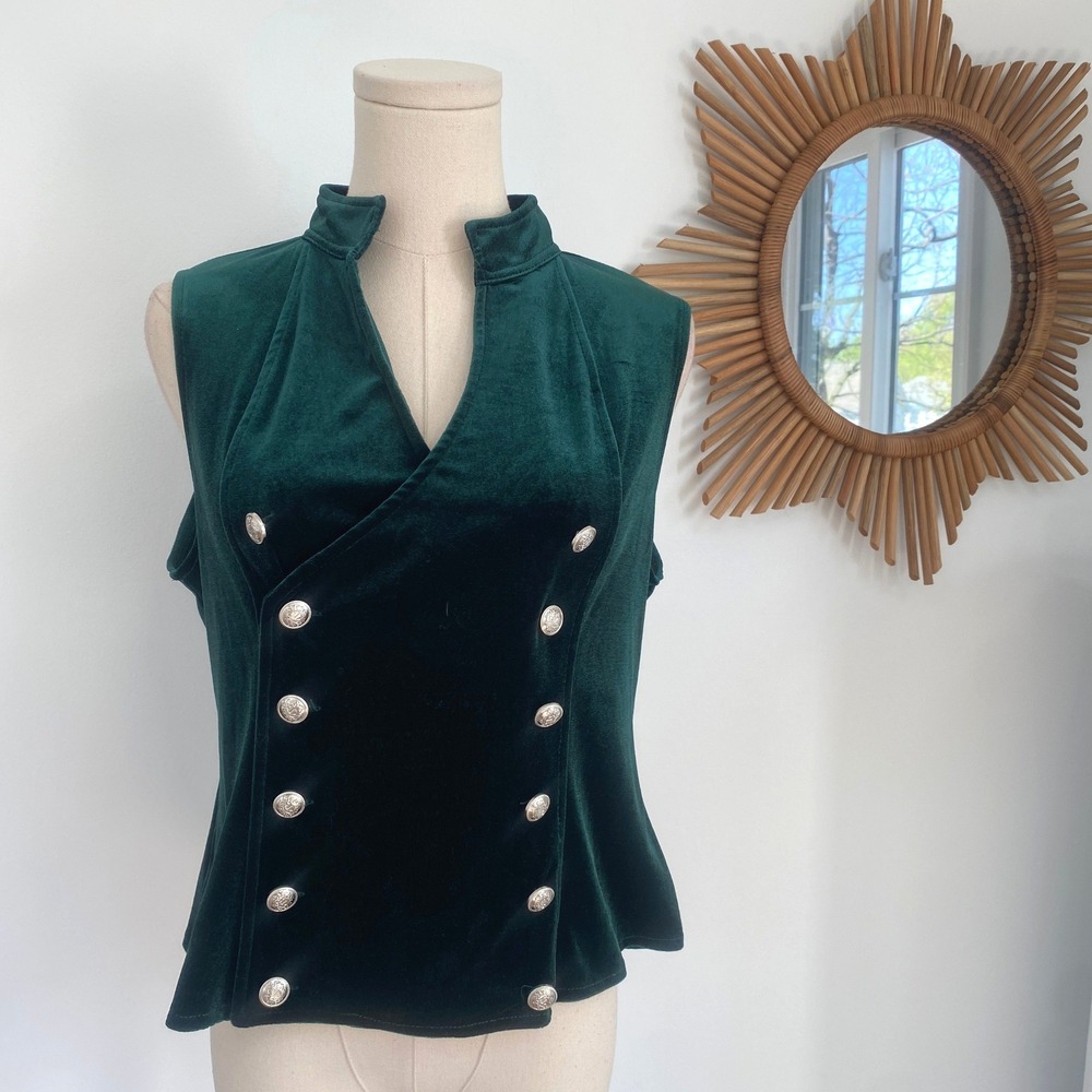 Green Velvet Military Vest Double Breasted Gold Buttons Large M